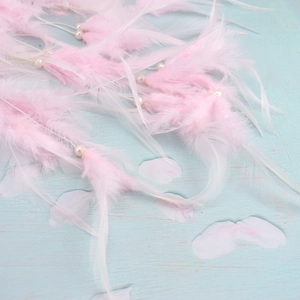 Detail of pink feathers with white pearls for Life of Tree dreamcatcher wind chime decor
