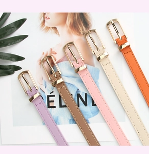 Set of five colorful PU leather thin belts with elegant gold metal buckles on a magazine