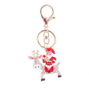 Portachiavi natalizio scintillante con Babbo Natale su renna e strass colorati placcato oro