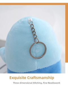 Detailed view of the top stitching and silver metal chain on the blue shark plush pendant