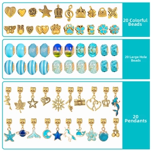 Detailed flat lay of 60 DIY jewelry components with pendants and large hole beads