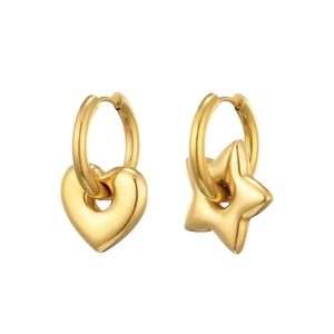 Chic gold titanium steel hoop earrings with heart and star charms on white background