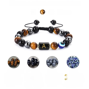 Triple protection bracelet with 10mm tiger eye, obsidian, hematite and letter A charm