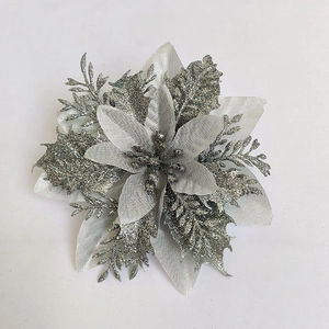Macro view of 14cm silver glitter poinsettia flower for Christmas tree and wreath decoration