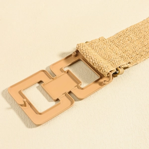 Bohemian beige woven grass belt featuring a minimalist rectangular buckle for dresses
