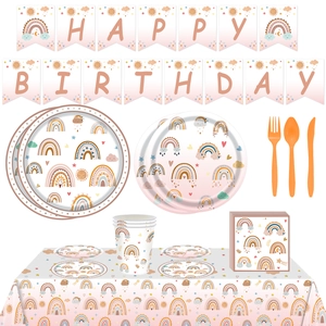 Boho Rainbow Birthday Party Tableware Plates Cups Napkins Tablecloth Banner And Cutlery Paper Plastic Decorative Supplies