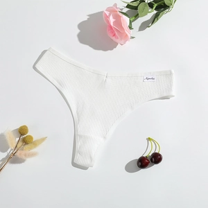 White ribbed cotton thong for women with low waist and floral decor flat lay view