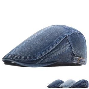 Vintage Washed Denim Flat Cap For Men And Women Striped Cotton Ivy Hat Adjustable Metal Buckle Outdoor Sun Protection