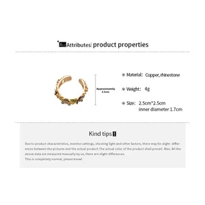 Detail view of flower ring with copper, rhinestone material data and dimensions