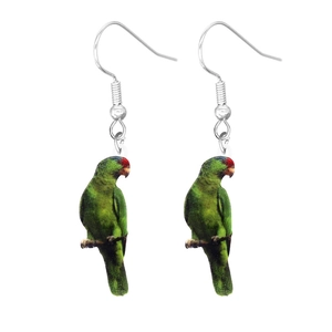 Detail view of colorful parrot acrylic drop earrings with green body and red head