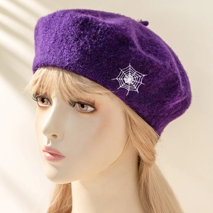 Purple wool beret with white spider web embroidery for women in a trendy gothic style