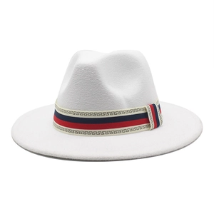 Classic white wool fedora hat with a vintage red and blue patterned decorative band