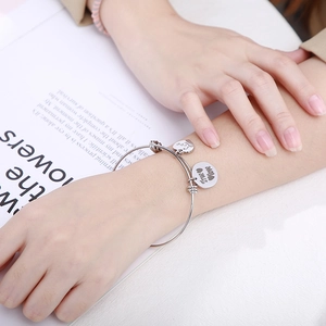 Polished stainless steel adjustable heart pendant bangle with True Love engraving
