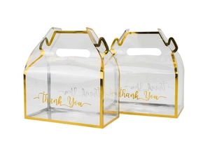 Detail showing transparent PVC gift box with gold edges and golden Thank You calligraphy