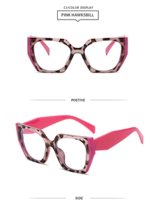 Macro view of pink hawksbill geometric glasses frames showing front and side profile