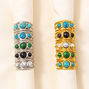 Bohemian Vintage 304 Stainless Steel Ring Adjustable Open Band Geometric Inlaid Imitation Stones Retro Jewelry Women Men