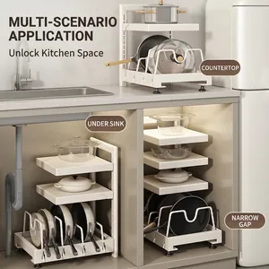 Adjustable white multi-layer kitchen pot rack for under-sink and countertop storage