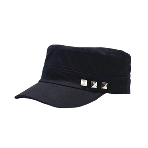 Classic navy blue flat top military cap with stylish silver rivet details on the side