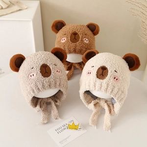 Cute teddy bear plush winter earflap hats for babies in coffee, camel and beige colors