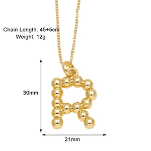 Detailed view of gold plated alphabet R letter necklace with small round beads and dimensions