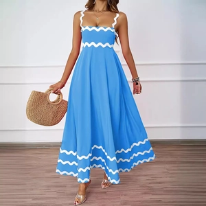 Sky blue long sleeveless vacation dress with white wavy trim and A-line silhouette