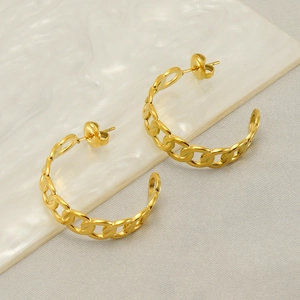 Chunky Hoop Earrings 18K Gold Plated Stainless Steel Chain Link Geometric C-Shaped Vintage Jewelry For Women