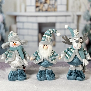 Three-piece Christmas plush doll set featuring snowman, reindeer, and Santa in grey-blue knit