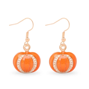 Handcrafted orange pumpkin enamel drop earrings with gold metal accents for Thanksgiving