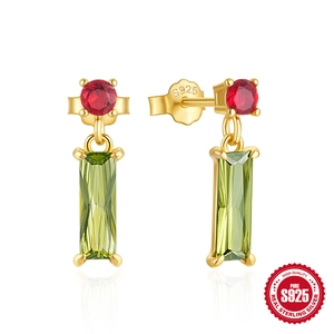 925 sterling silver gold earrings with red round diamond and green rectangular gemstone