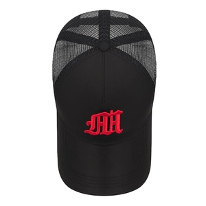 Black five-panel trucker hat with red gothic embroidery and breathable mesh back