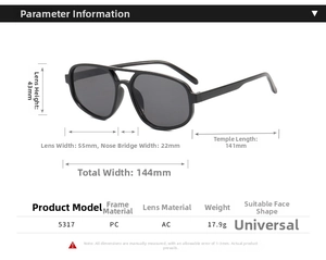 Size guide for double-bridge sunglasses showing dimensions and PC frame specifications