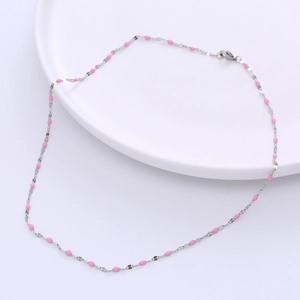 Chic titanium steel 18-inch necklace with pink enamel lip pendants and lobster clasp