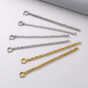 Detail of stainless steel spring clasp and various link chain patterns in gold and silver