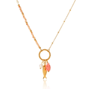 Gold stainless steel ocean necklace with pink beads, turtle, fish and pearl charms