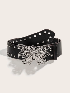 Black punk style studded leather belt featuring a large silver butterfly buckle detail