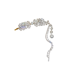 Vintage silver tassel hair clip with rhinestones and pearls for a resort style look