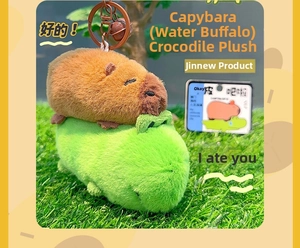 Detail of Capybara plush toy riding a green crocodile on a brown metal keychain