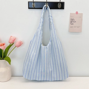 Detailed texture of blue striped canvas tote bag hanging on a vintage hook