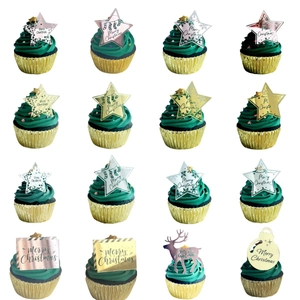 Merry Christmas Cupcake Toppers Acrylic Mirror Gold Silver Star Reindeer Snowflake Xmas Cake Decoration Party Supplies