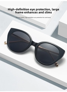 Close-up of cat-eye sunglasses with black frames and sleek gold metal temples