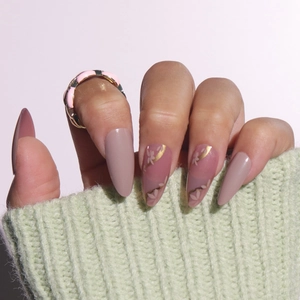 Almond Shape Press On Nails Long Morandi Pink Purple Grey Gold Lines Flower Art Marble Glossy False Nails For Women