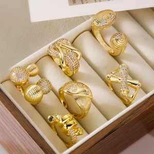 Adjustable Open Ring Zircon Inlaid Copper Gold Plated Irregular Geometric Letter Jewelry For Women