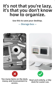 Wall-mounted storage box comparison showing organized desk with clear flip-top design