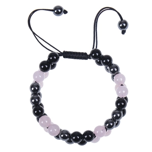 Detail view of 8mm pink quartz and black obsidian beaded bracelet with adjustable cord