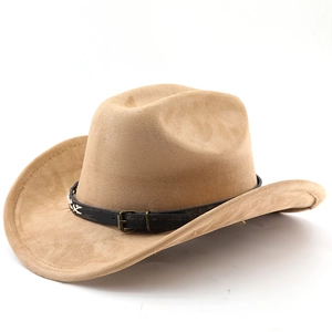 Classic camel faux suede western cowboy hat with leather band and metal buckle