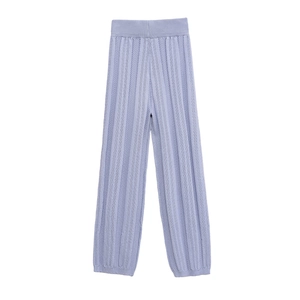 Elegant lavender knit pants with vertical ribbed texture and high-waisted elastic design