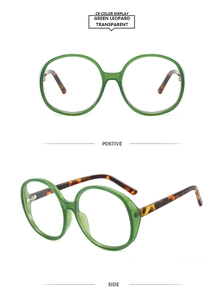 Detail view of round green transparent glasses with stylish leopard print temples