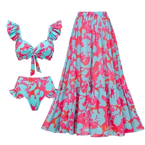 Three-piece ruffle bikini set with high waist bottom and matching long skirt in blue print