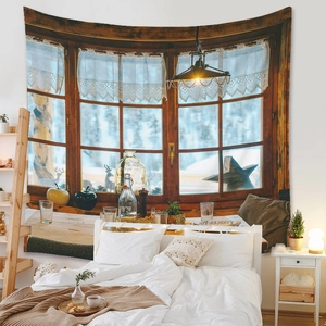 Cozy winter window view tapestry with snowy scene and lace curtain detail for wall decor