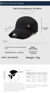 Size chart for black baseball cap showing 56-60cm circumference and 8.5cm brim details